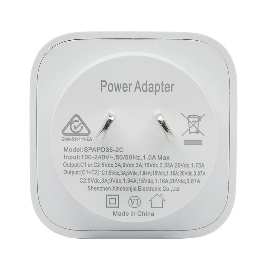 DYNAMIX SPAPD35-2C - 35W 5V/3A Dual Port USB-C/C PD Wall Charger/Power Adapter Charge 2x Devices