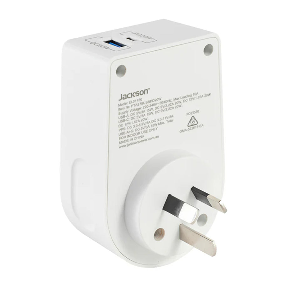 PTA8809USBPD20W - Jackson Move Outbound USA + Canada 20W USB-A + USB-C Travel Adaptor