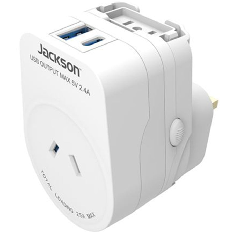JACKSON PTAUSBAC - Outbound Travel Adaptor with USB-A/C. Converts 2-Pin NZ/AUS Plugs for Use in More than 150
