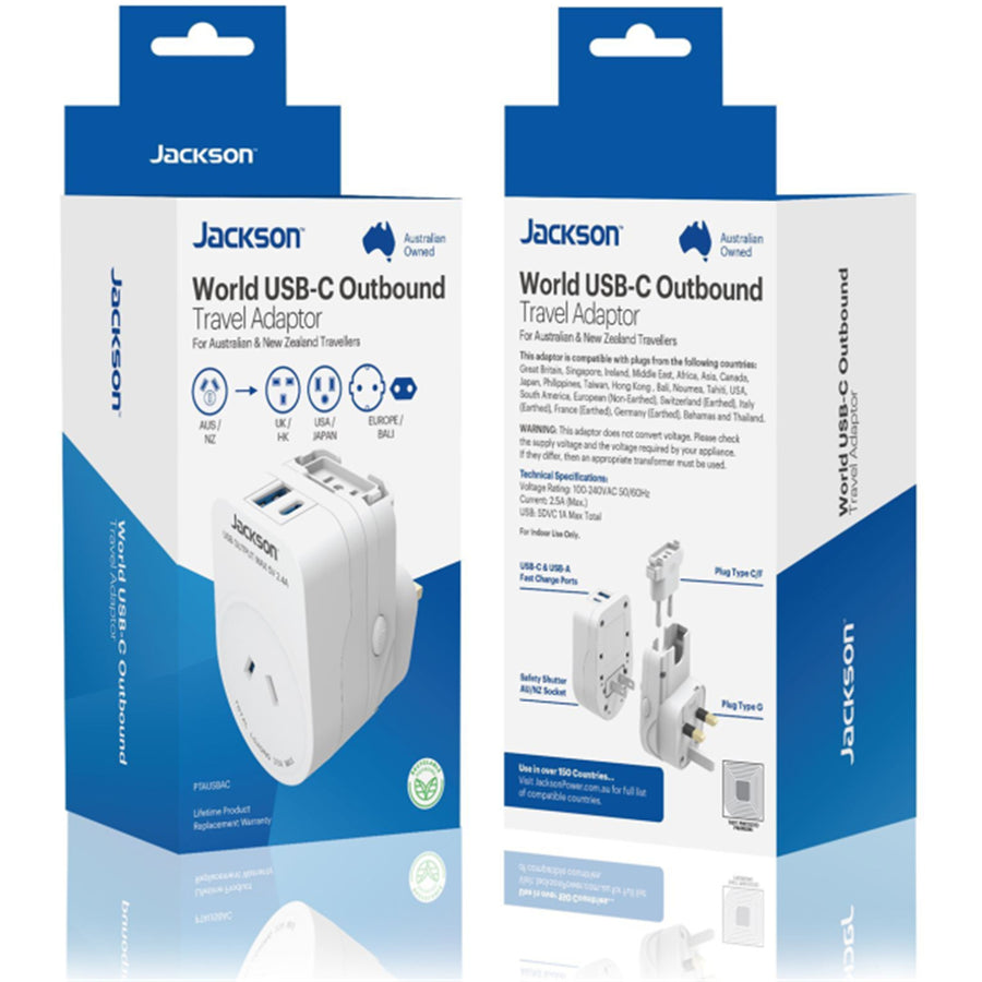JACKSON PTAUSBAC - Outbound Travel Adaptor with USB-A/C. Converts 2-Pin NZ/AUS Plugs for Use in More than 150