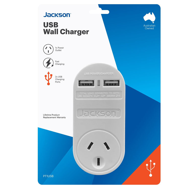 JACKSON PT1-USB - Single Plug USB Wall Charger 2x USB Charging Outlets 2.1A Total