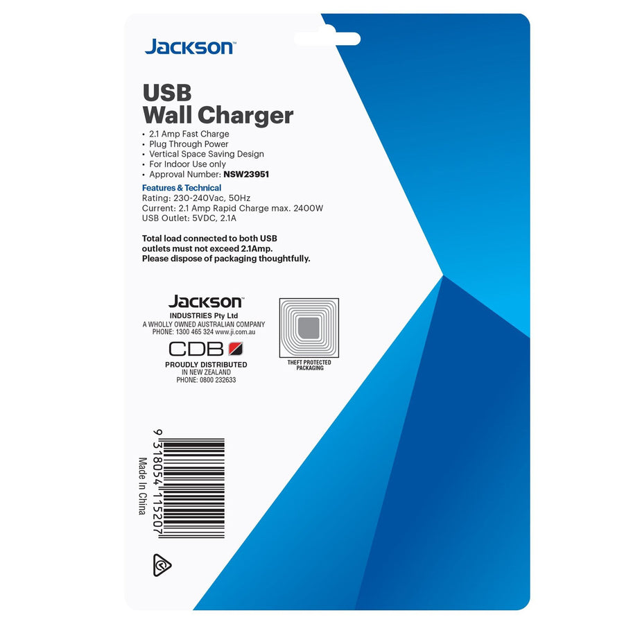 JACKSON PT1-USB - Single Plug USB Wall Charger 2x USB Charging Outlets 2.1A Total
