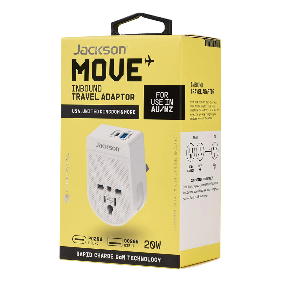 PTA878USBPD20W - Jackson Move Inbound USA+UK 20W USB-A+ USB-C Travel Adaptor