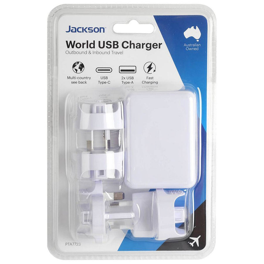 Jackson  PTA7723  Worldwide USB Charger Adapter with 2x USB-A & 1x USB-C Ports