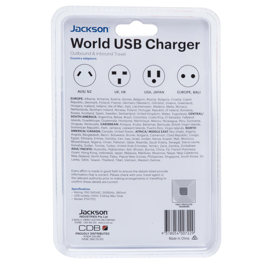 Jackson  PTA7723  Worldwide USB Charger Adapter with 2x USB-A & 1x USB-C Ports