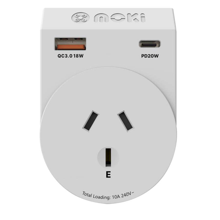 Moki Zubehör ACC-MTAOEUP - Moki Reiseadapter Plus Outbound - AUS/NZ nach Europa + PD20W USB-C & QC 3.0 USB-A