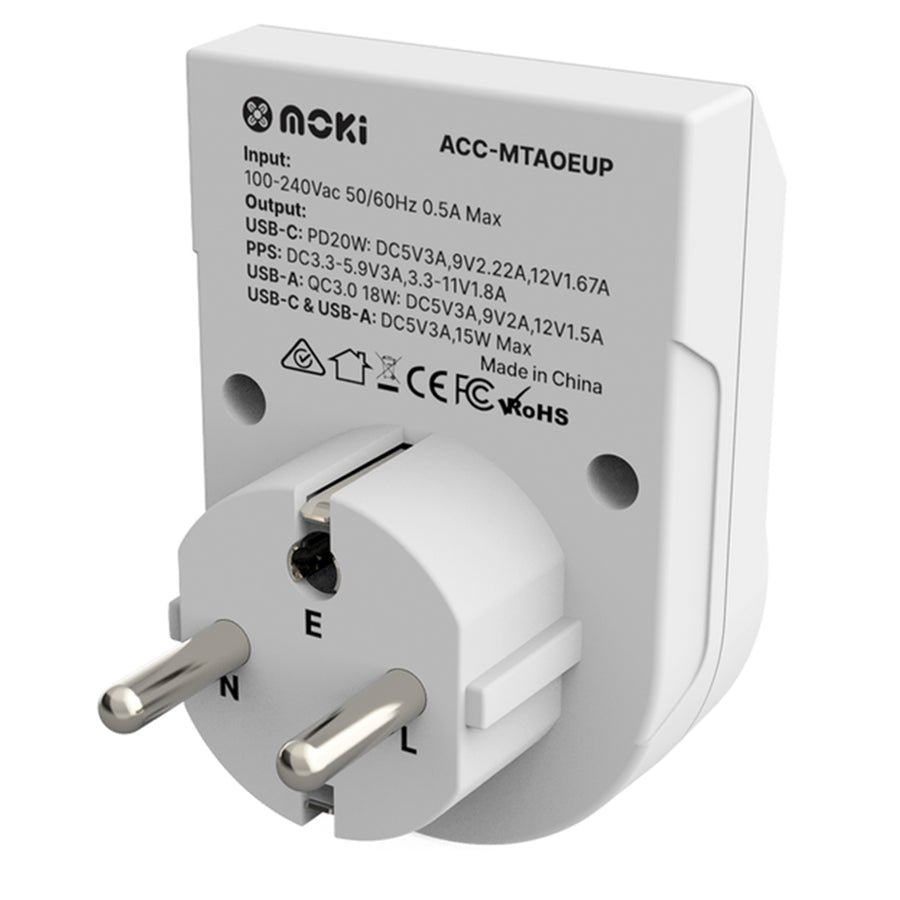Moki Zubehör ACC-MTAOEUP - Moki Reiseadapter Plus Outbound - AUS/NZ nach Europa + PD20W USB-C & QC 3.0 USB-A