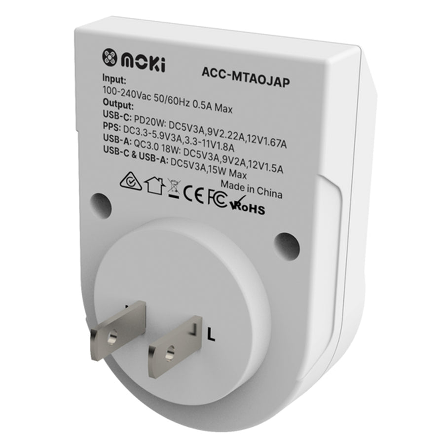 Moki Zubehör ACC-MTAOJAP – Moki Reiseadapter Plus Outbound – AUS/NZ nach Japan + PD20W USB-C & QC 3.0 USB-A