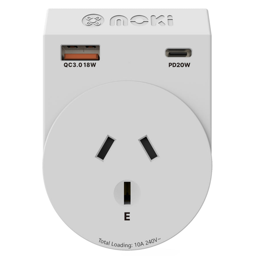 Moki Accessories ACC-MTAOUSP - Moki Travel Adaptor Plus Outbound - AU/NZ to US + PD20W USB-C & QC 3.0 USB-A