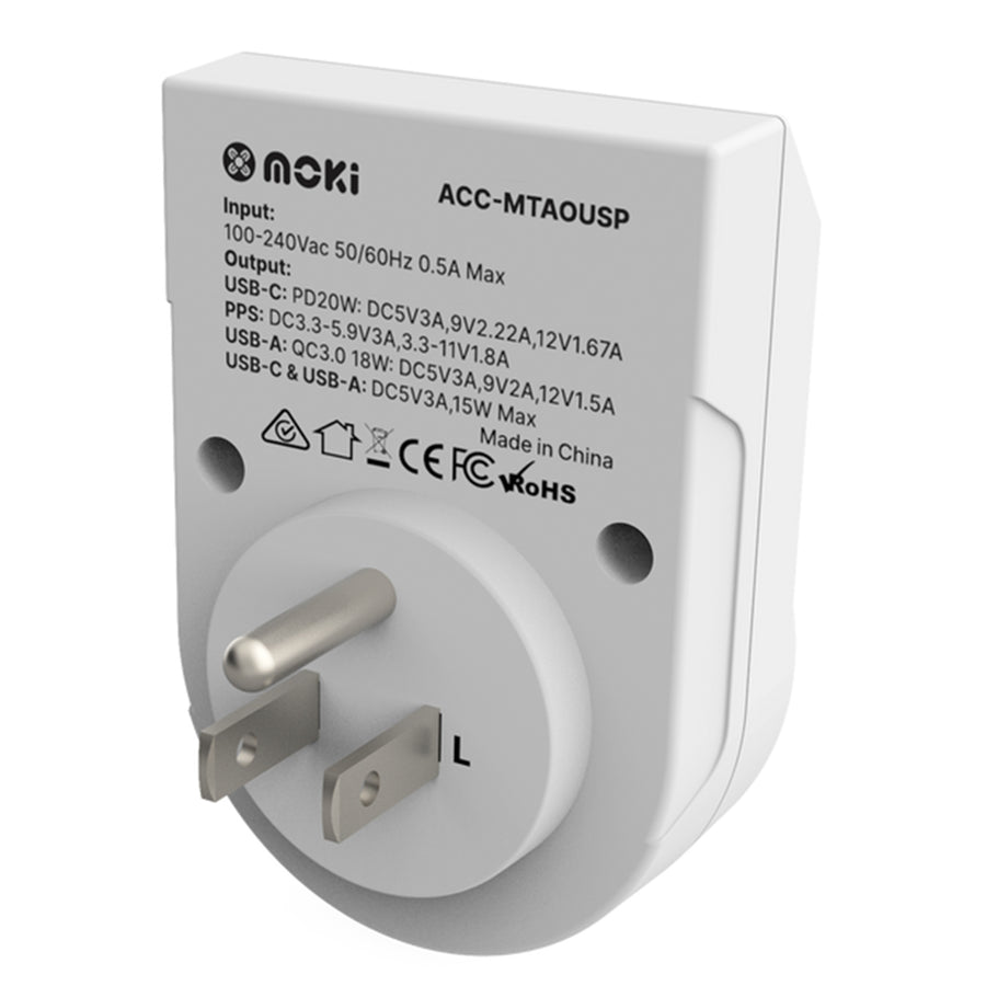 Moki Accessories ACC-MTAOUSP - Moki Travel Adaptor Plus Outbound - AU/NZ to US + PD20W USB-C & QC 3.0 USB-A