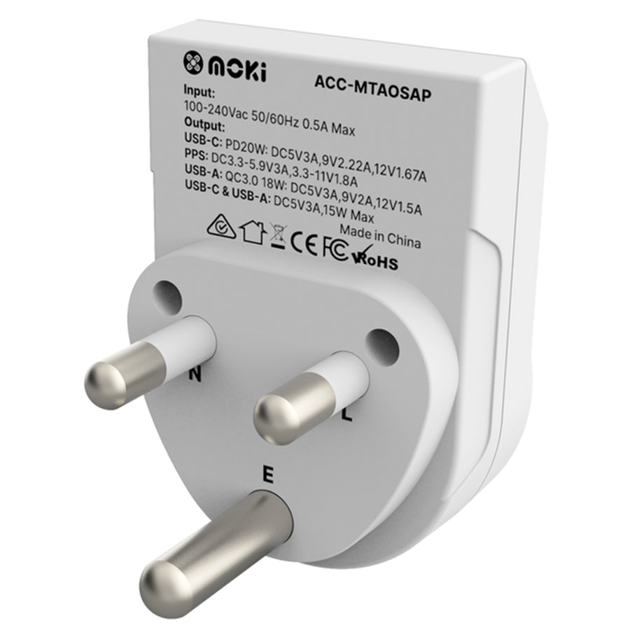 Moki Accessories ACC-MTAOSAP - Moki Reiseadapter Plus Outbound - AU/NZ nach Südafrika + PD20W USB-C & QC 3.0 USB-A