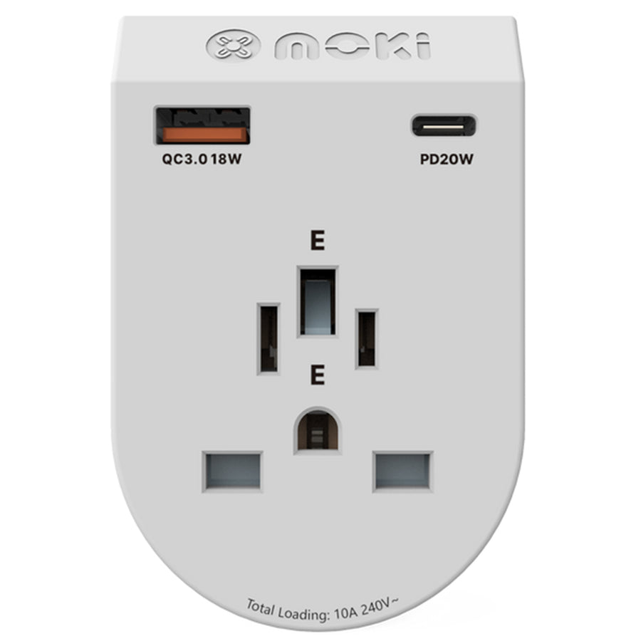 Moki Zubehör ACC-MTAIWOP – Moki Reiseadapter Plus Inbound – Welt (außer Europa) nach AU/NZ + PD20W USB-C & QC 3.0 USB-A