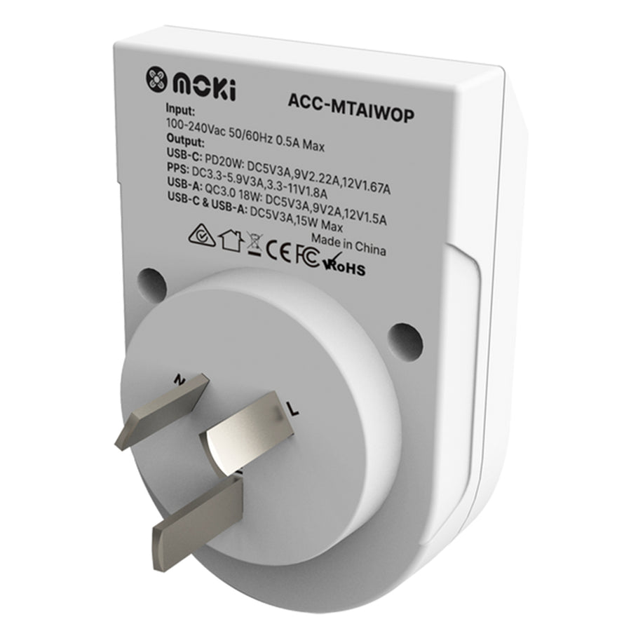 Moki Zubehör ACC-MTAIWOP – Moki Reiseadapter Plus Inbound – Welt (außer Europa) nach AU/NZ + PD20W USB-C & QC 3.0 USB-A