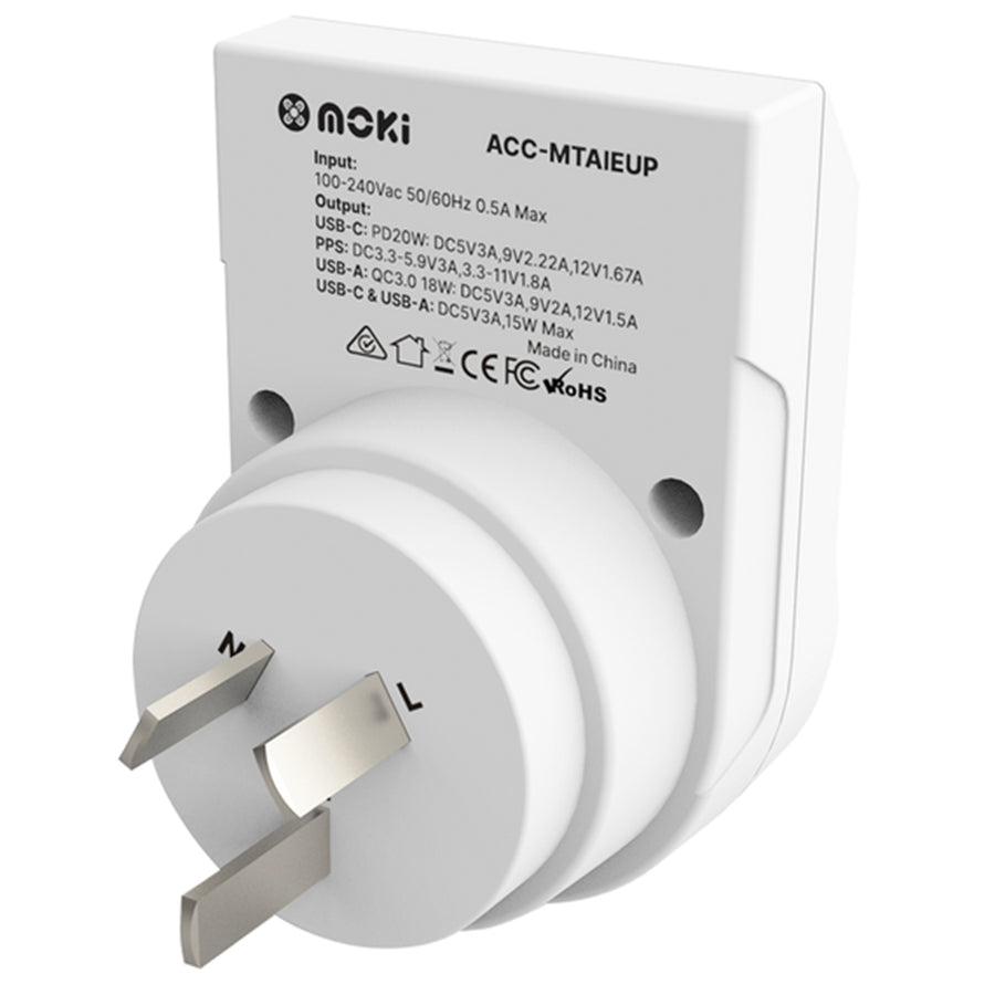 Moki Accessories ACC-MTAIEUP - Moki Reiseadapter Plus Inbound - EU zu AU/NZ + PD20W USB-C & QC 3.0 USB-A