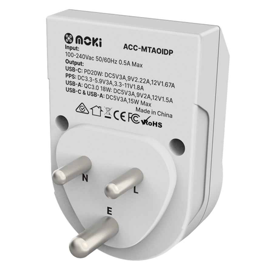 Moki Travel Adaptor Plus Outbound - AU/NZ to India + PD20W Type-C & QC 3.0 USB-A-available July 2025