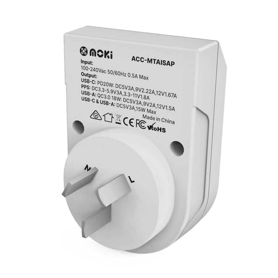 Moki Accessories ACC-MTAISAP - Moki Travel Adaptor Plus Inbound - India to AU/NZ + PD20W USB-C & QC 3.0 USB-A