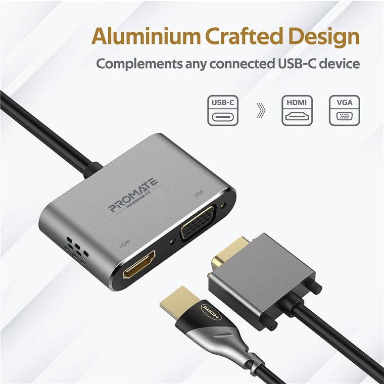 Promate MEDIAHUB-C2-GRY - USB-C Display Adapter w/ 4K UHD HDMI & 1080p VGA. Easy Instal Plug & Play. Grey