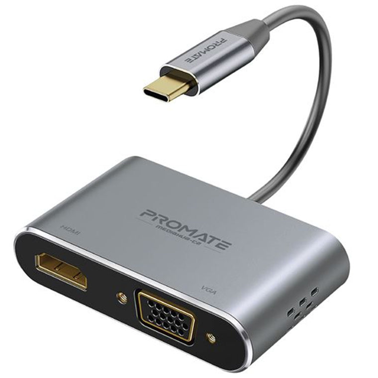 Promate MEDIAHUB-C2-GRY - USB-C Display Adapter w/ 4K UHD HDMI & 1080p VGA. Easy Instal Plug & Play. Grey