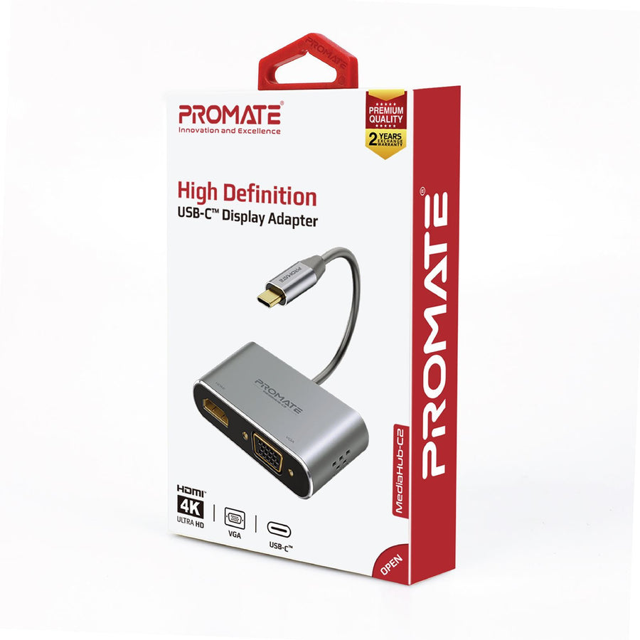 Promate MEDIAHUB-C2-GRY - USB-C Display Adapter w/ 4K UHD HDMI & 1080p VGA. Easy Instal Plug & Play. Grey