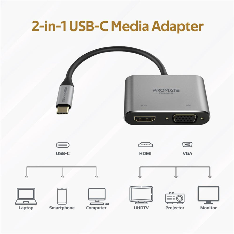 Promate MEDIAHUB-C2-GRY - USB-C Display Adapter w/ 4K UHD HDMI & 1080p VGA. Easy Instal Plug & Play. Grey