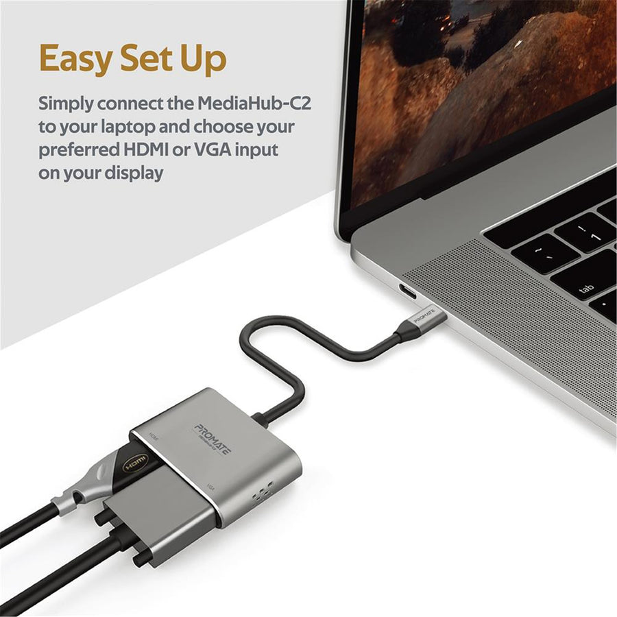 Promate MEDIAHUB-C2-GRY - USB-C Display Adapter w/ 4K UHD HDMI & 1080p VGA. Easy Instal Plug & Play. Grey