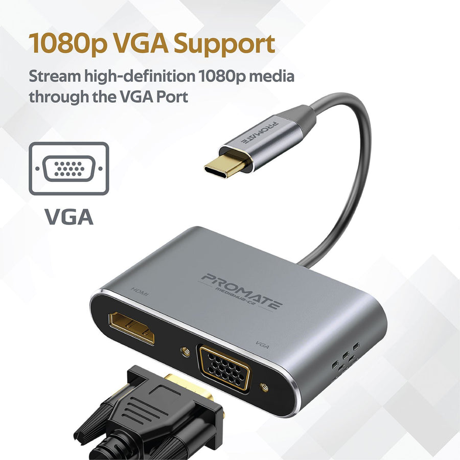 Promate MEDIAHUB-C2-GRY - USB-C Display Adapter w/ 4K UHD HDMI & 1080p VGA. Easy Instal Plug & Play. Grey