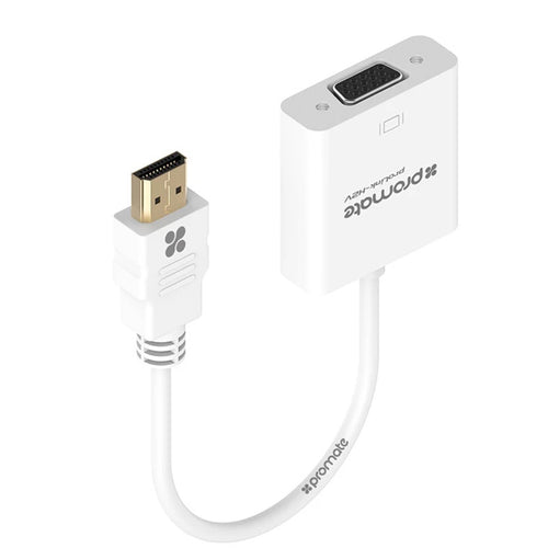 Promate Prolink-h2v HDMI (Male) to VGA (Female) Display Adaptor Kit. Supports up to 1920x1080 60Hz. Gold-Plated HDMI Connector. Supports both Windows & Mac. White Colour.