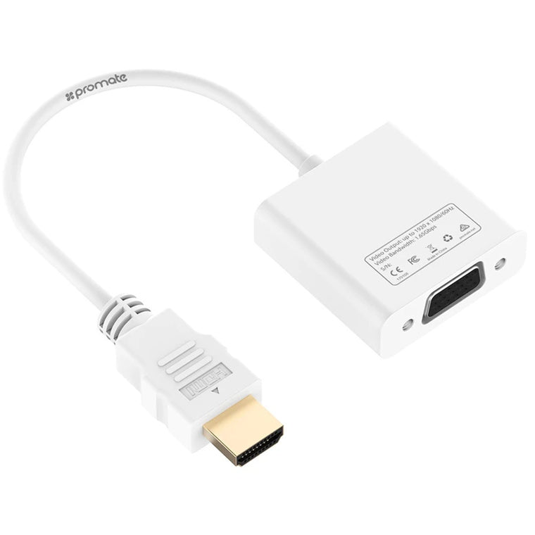 Promate Prolink-h2v HDMI (Male) to VGA (Female) Display Adaptor Kit. Supports up to 1920x1080 60Hz. Gold-Plated HDMI Connector. Supports both Windows & Mac. White Colour.