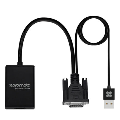 Promate PROLINK-V2H-BLK - VGA (Male) to HDMI (Female) Display Adaptor Kit w/ Audio. Supports up to 1920x1080@60Hz.