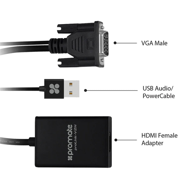 Promate PROLINK-V2H-BLK - VGA (Male) to HDMI (Female) Display Adaptor Kit w/ Audio. Supports up to 1920x1080@60Hz.
