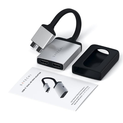 SATECHI Aluminium Type-C Dual 4K HDMI Adapter  -Silver ( Dual Display only supported on  14"/15"/16"  Apple Macook Pro with Intel CPU &  M1/M2 /M3 Pro & Max Chip only ,   not Support  Apple 13" Macbook Pro / 13" &  15"   Air  with M1/M2 Chi