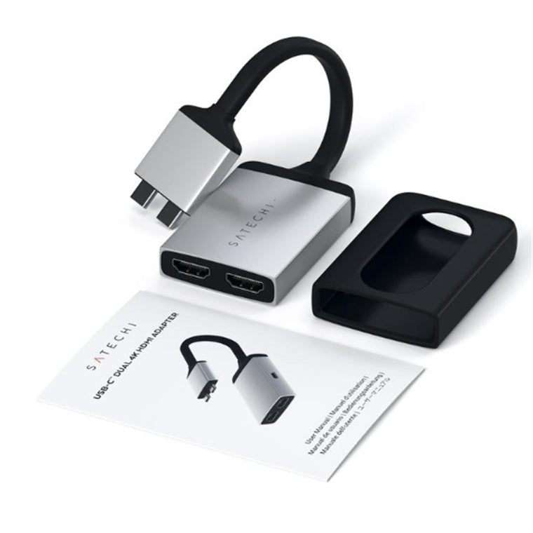 SATECHI Aluminium Type-C Dual 4K HDMI Adapter  -Silver ( Dual Display only supported on  14"/15"/16"  Apple Macook Pro with Intel CPU &  M1/M2 /M3 Pro & Max Chip only ,   not Support  Apple 13" Macbook Pro / 13" &  15"   Air  with M1/M2 Chi