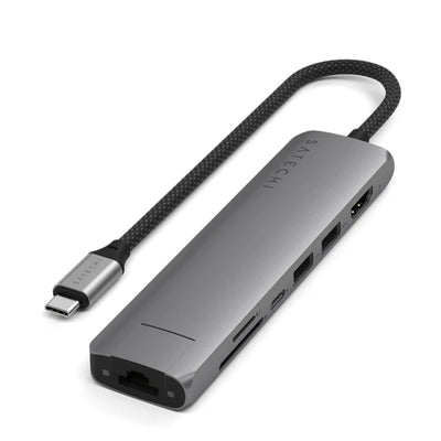 SATECHI Space Grey USB - C Slim Multiport With Ethernet HDMI Video Port(4k60Hz) 2 x USB-A 3.2 Ports, USB-C PD Port 100W, SD & MicroSD Card Reader, Ethernet Port