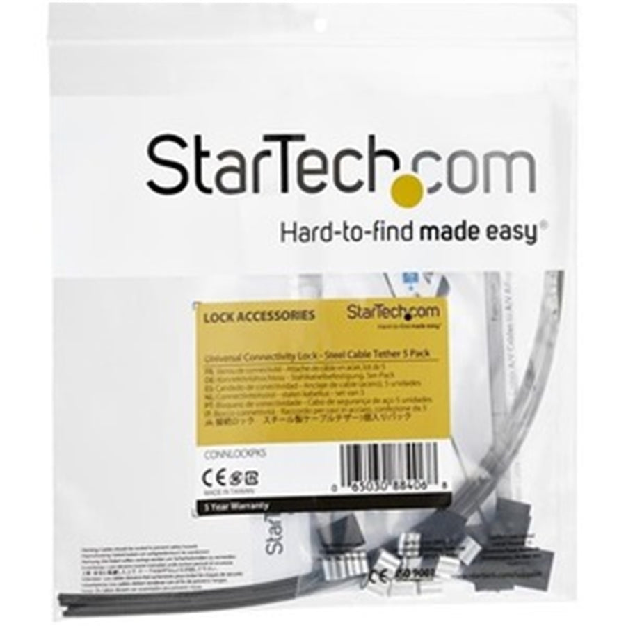 StarTech.com CONNLOCKPK5 5-Pack Security Cable Tethers for Adapters & Dongles - Universal Cable Adapter Tether - Tether Cables - Adjustable Length Anti-Theft Cable Tether Lock Kit - Steel (CONNLOCKPK5)