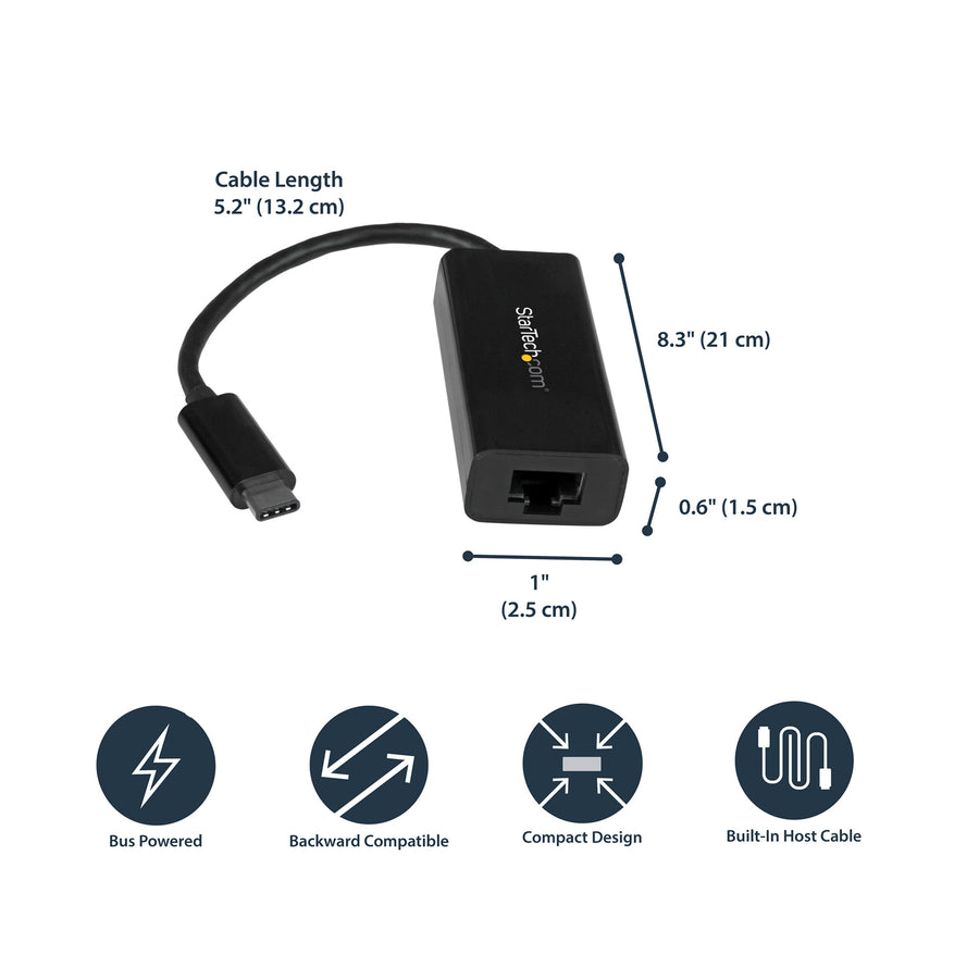 StarTech.com US1GC30B USB-C to Gigabit Ethernet Adapter Black USB3.1 to RJ45 LAN Network Adapter USB Type C to Ethernet USB-C Network Adapter  10/100/1000Mbps  Thunderbolt 3 Compatible  RJ45