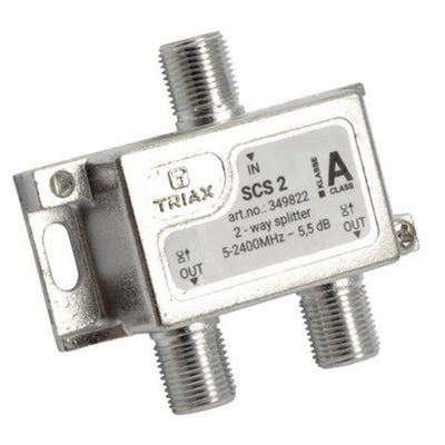 Triax 349822 RF 2-Wege-Verteiler, 2,4 GHz. Koaxial-Verteiler ideal für SAT-ZF- und MATV-Verteilnetze. Frequenzbereich 5-2400 MHz. DC-Durchgang über Dioden von allen Ausgängen. Hohe Abschirmung gegen Ing