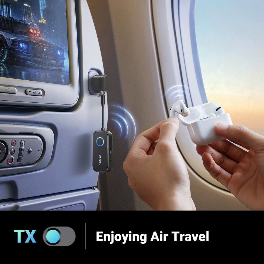 UGREEN Flugzeug Bluetooth 5.2 Transmitter Adapter - Für Airpods oder Kopfhörer (zwei Paare), 2-in-1 Kabelloser Bluetooth 3,5 mm Klinken Audio Transmitter/Empfänger für Flüge, TV, Autoradio, Laufband