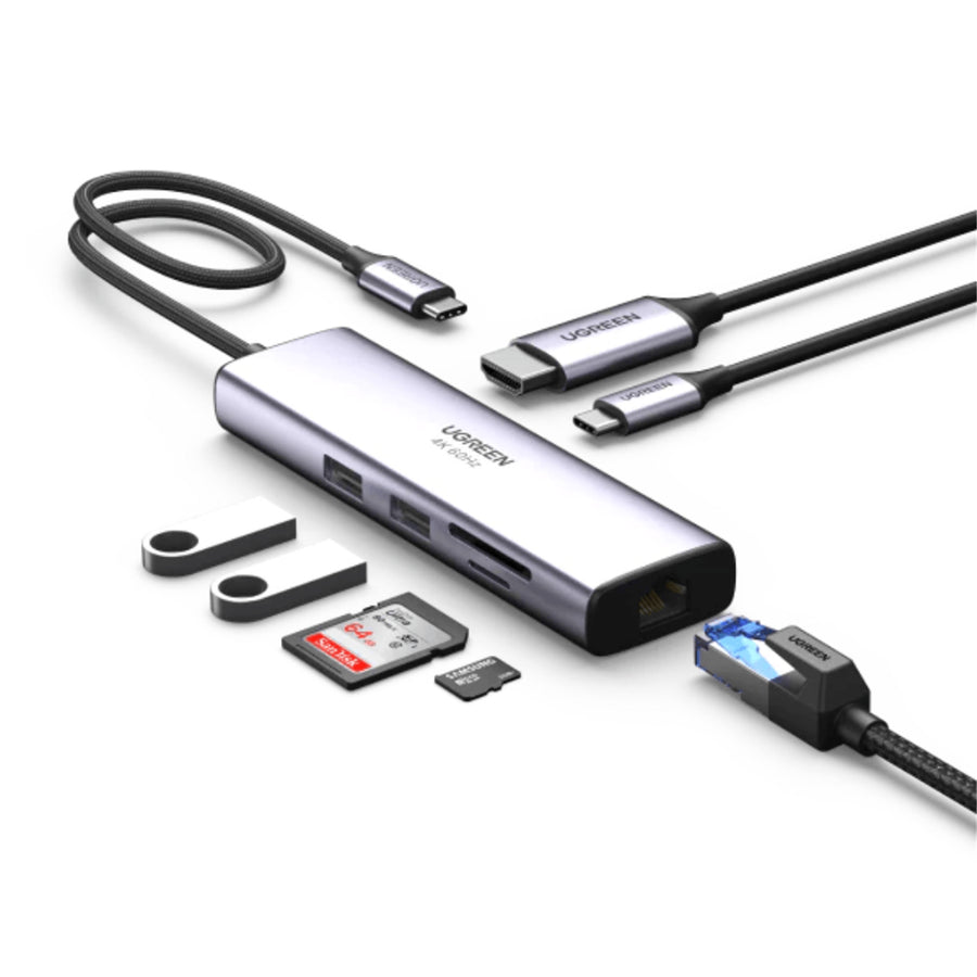 UG-60515 - Ugreen HDMI 4K30HZ 2 USB3.0 RJ45 1G SD&TF PD60W 6in1