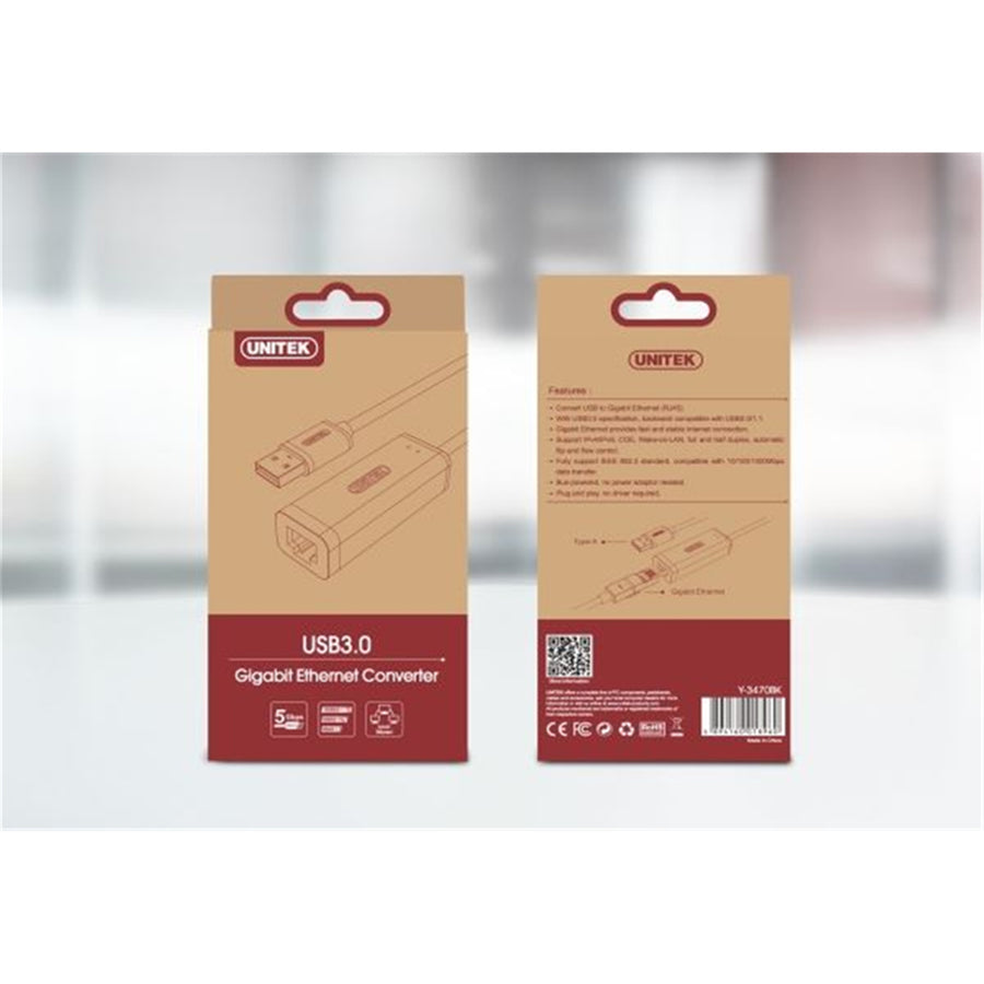 Unitek Y-3470 - USB-A 3.0 Gigabit Ethernet Converter. IPv4/v6 COE Wake-on-LAN. duplex.