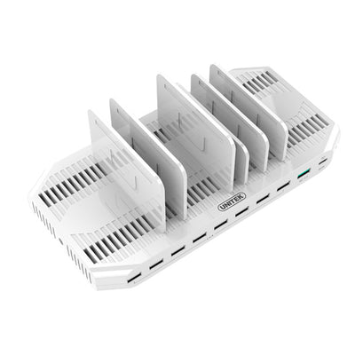 Unitek Y-2190 10-Port USB Smart Ladestation. (9 Port 2.4A USB-A + 1x PortQC3.0USB-A) Max Leistung: 160W Schnelles Laden. Überlade-, Überspannungs-, Überhitzungs- und Kurzschlussschutz.