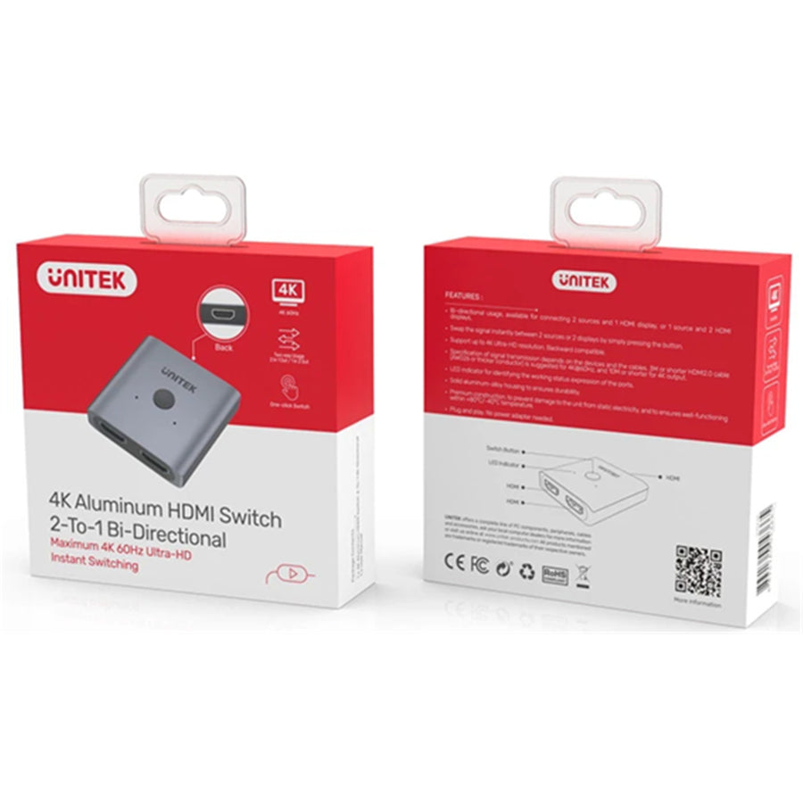 Unitek V1127A 4K HDMI 2.0 Bi-directional Switch with Two-way usage: 2 In 1 Out / 1 In 2 Out - Aluminium housing - Supports up to 4K 60Hz Ultra-HD - LED Indicator - Plug & Play