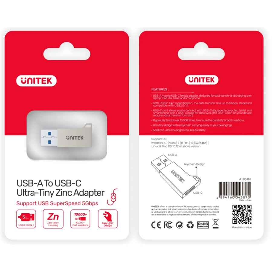 Unitek A1034NI - USB-A Male to USB-C Female Ultra-Tiny Adaptor w/ Easy Grip Design. Superspeed