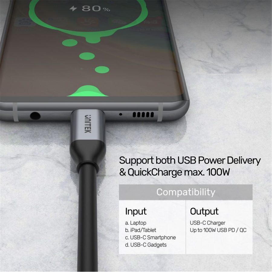 Unitek C14082ABK - 1m USB-C to USB-C 3.1 Gen2 Cable for Syncing & Charging. Supports up to 100W USB PD.