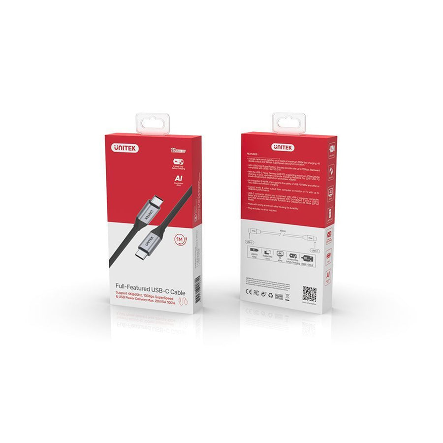 Unitek C14082ABK - 1m USB-C to USB-C 3.1 Gen2 Cable for Syncing & Charging. Supports up to 100W USB PD.