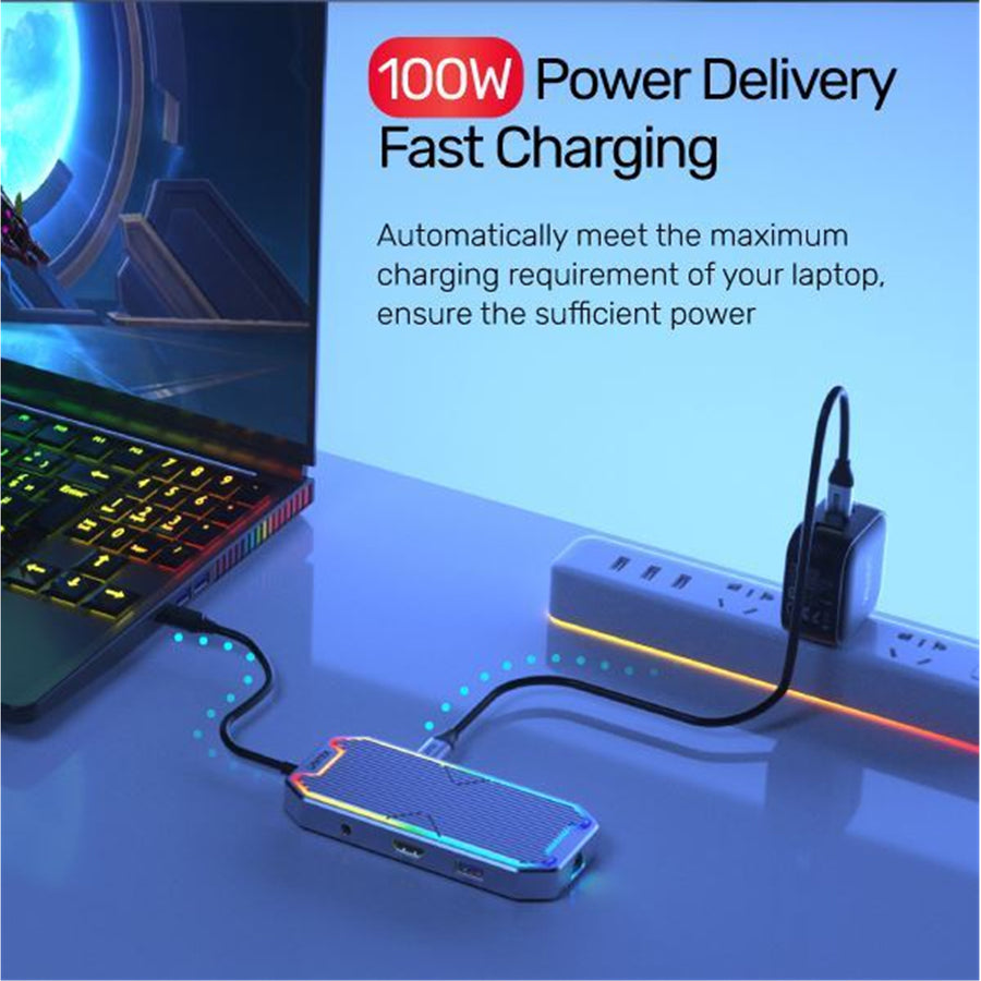 Unitek D1029A 7-in-1 Multi-Port 100W PD    Hub Supporting 10GbpswithUSB-CConnector.Includes2xUSB-A10Gbps Ports, 1x USB-C 10Gbps Port, 1x HDMI 4K60Hz Port, 1x RJ45 Gig Ethernet Port, 3.5mm Audio Port.