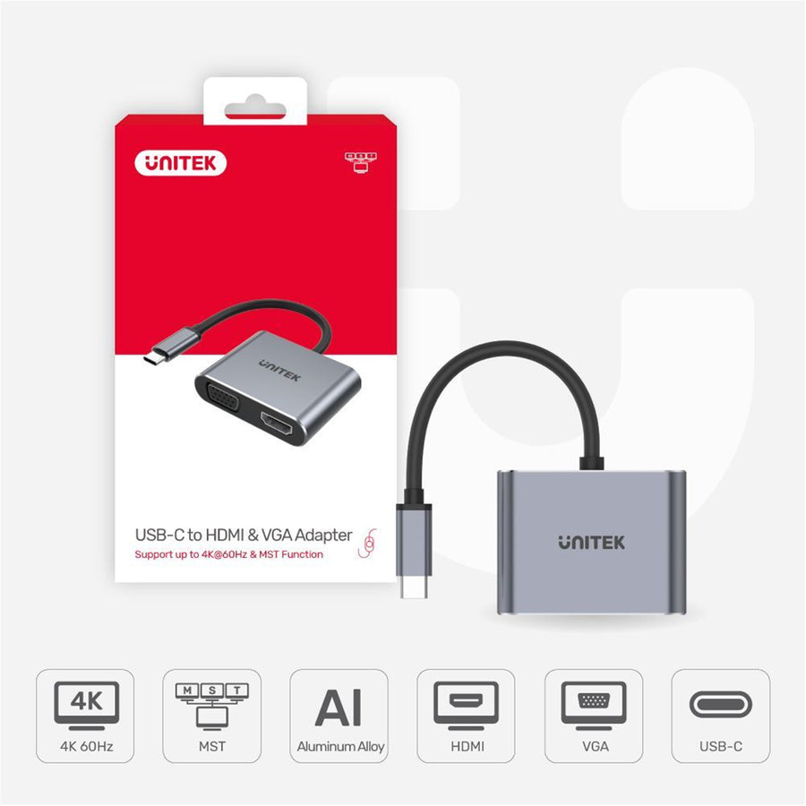 Unitek V1126A USB-C To HDMI 2.0 And VGA Adapter With MST Dual Monitor