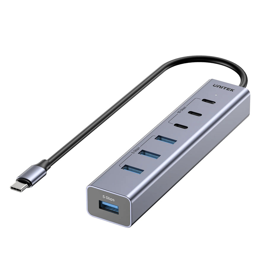 H1335A - UNITEK 7-in-1 Multi-Port Hub with USB-C Connector. Includes 4x USB-A & 3x USB-C Ports. Supports 10Gbps Transfer, Fast Charging, Slim Aluminium Design.