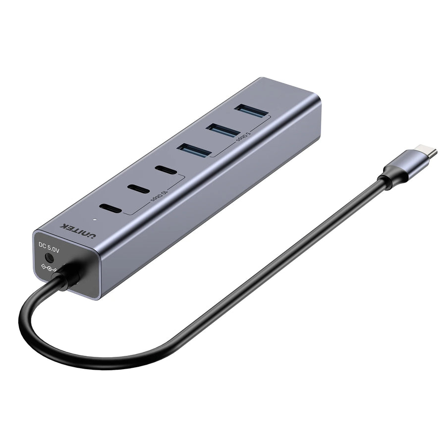H1335A - UNITEK 7-in-1 Multi-Port Hub with USB-C Connector. Includes 4x USB-A & 3x USB-C Ports. Supports 10Gbps Transfer, Fast Charging, Slim Aluminium Design.