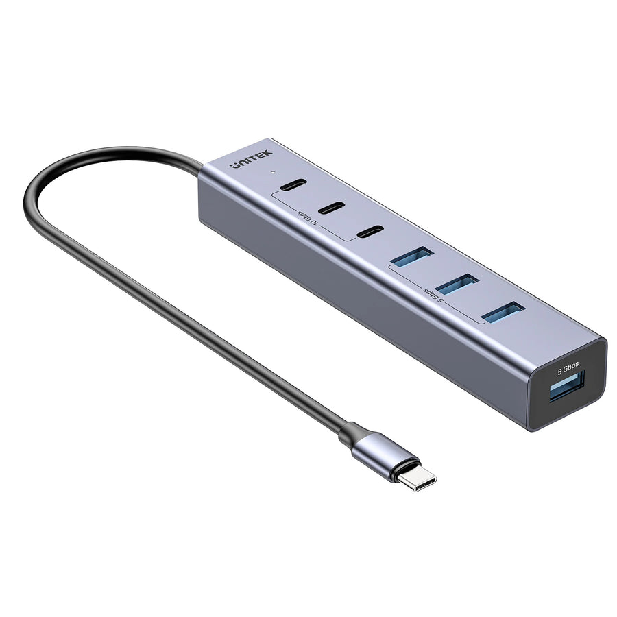 H1335A - UNITEK 7-in-1 Multi-Port Hub with USB-C Connector. Includes 4x USB-A & 3x USB-C Ports. Supports 10Gbps Transfer, Fast Charging, Slim Aluminium Design.