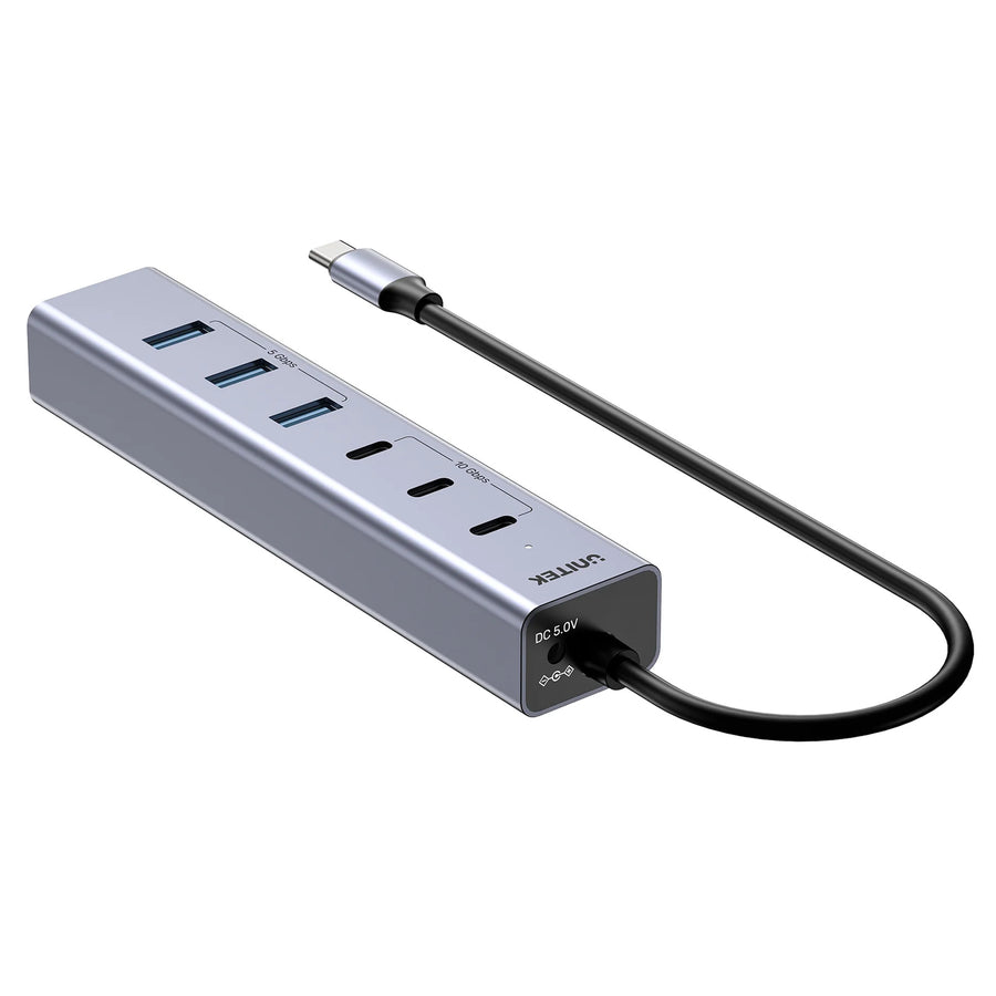 H1335A - UNITEK 7-in-1 Multi-Port Hub with USB-C Connector. Includes 4x USB-A & 3x USB-C Ports. Supports 10Gbps Transfer, Fast Charging, Slim Aluminium Design.